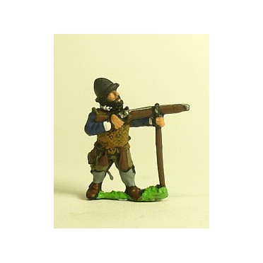 Spanish & English 1559-1605AD: Musketeer in Cabasset & padded jacket, firing