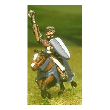 Mounted Knights, 1150-1200AD with Large Shield & Mace, Axe or Sword, in Mail Coif over Flat Top Helm on Unarmoured Horse