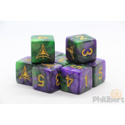 Yellow Sign Dice - Purple and Green Masked Edition D6 set