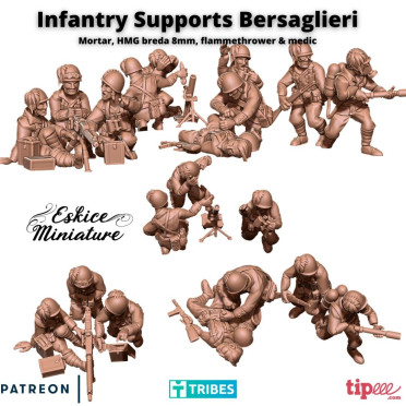 Eskice Miniature – WWII – Infantry Supports Bersaglieri (HMG, Mortar, Medic, Flammethrower) - 28mm