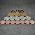 Set of generic metal coins of value 1, 5, 10, 20 for board games 20